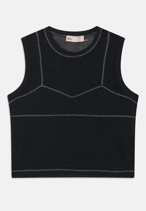 Top de punto sin mangas en negro con costuras blancas en contraste, escote redondeado y una forma estructurada con una sutil textura.