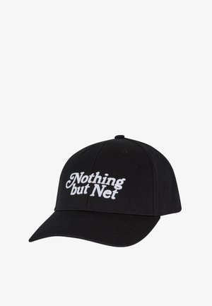 Black baseball cap with embroidered white text "Nothing but Net." Features a curved visor and six-panel design, crafted from fabric.