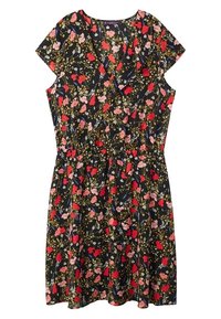 Svart blommig klänning med korta ärmar, v-ringning och figurnära midja. Dekorerad med röda, rosa och blå blommor på en texturerad tyg.