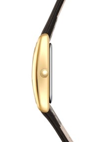 Caja de reloj de oro con esfera redonda, correa de cuero gris y botón lateral. La superficie lisa y el diseño elegante son características notables.