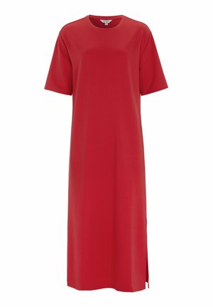 Rød midi-lang T-shirt-kjole med korte ærmer, rund halsudskæring og lille sideslids på lige kant.