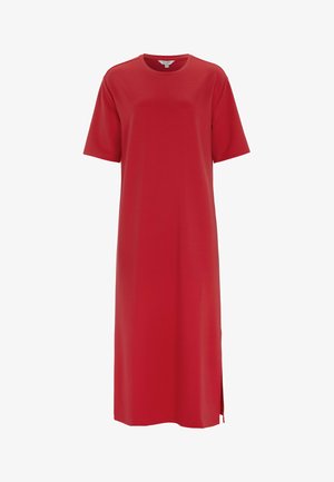 Rød midi-lang T-shirt-kjole med korte ærmer, rund halsudskæring og lille sideslids på lige kant.