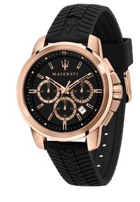 Orologio Maserati con quadrante nero, cassa placcata in oro rosa, funzioni cronografo e cinturino in gomma con motivo battistrada.