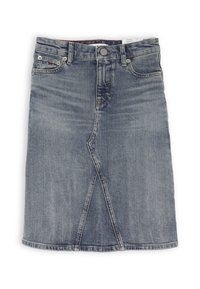 Gonna di jeans azzurro chiaro con spacco frontale, dotata di design a cinque tasche, chiusura con bottone metallico e texture sbiadita.