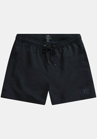 Černé plavecké šortky vyrobené z lehkého materiálu, s elastickým pasem na šňůrku, bočními kapsami a decentním potiskem loga.