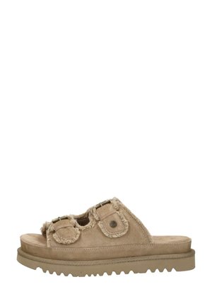 Beige suède open teen slidesandaal met twee verstelbare gespsluitingen en een dikke profielzool.