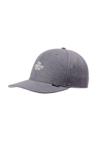 Gorra de béisbol gris con una visera plana y bordado "Do Nothing Club" en la parte delantera. Está hecha de tela texturizada con un diseño estructurado.