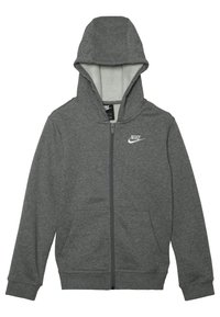 Grå zip-hoodie med fodrad huva, frontfickor och en liten vit Nike-logga på vänster bröst. Mjuk, strukturerad tyg.