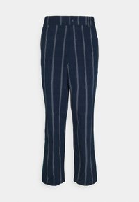 Navy blue pants made of textured fabric, featuring vertical white stripes, a button closure, and a straight leg design.
