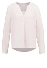 Helles rosa Langarmhemd aus weichem Stoff, mit V-Ausschnitt, Knopfverschluss und leicht abgerundetem Saum.
