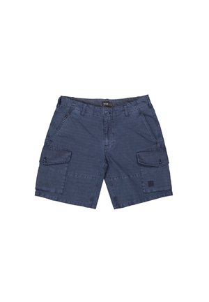 Shorts cargo bleu marine avec fermeture à bouton, passants pour ceinture, poches latérales et poches à rabat sur chaque cuisse.
