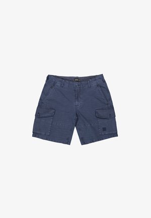 Marineblaue Cargo-Shorts mit Knopfverschluss, Gürtelschlaufen, Seitentaschen und Klappentaschen auf jedem Oberschenkel.