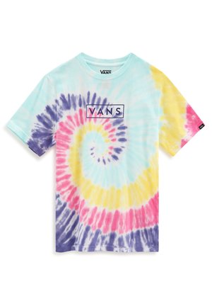 T-shirt Vans à manches courtes avec motif spirale tie-dye pastel multicolore en bleu, rose, jaune et violet avec logo Vans sur la poitrine.