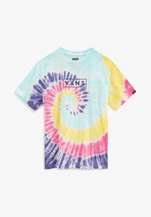Vans t-shirt med korte ærmer med flerfarvet pastel tie-dye spiralemønster i blå, pink, gul og lilla og Vans-logo på brystet.