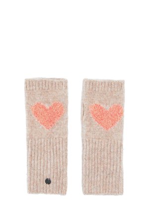 Pair of beige knitted fingerless gloves with ribbed cuffs and pink heart patterns on the back.