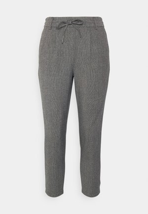 Pantalons à carreaux gris avec taille à cordon de serrage, design de jambe fuselée et tissu doux texturé. Comprend des plis avant et un ourlet arrivant aux chevilles.