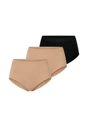 Trois paires de sous-vêtements féminins sans coutures à taille haute, deux beiges et un noir, disposés en chevauchement sur un fond blanc.