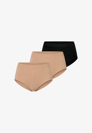 Trois paires de sous-vêtements féminins sans coutures à taille haute, deux beiges et un noir, disposés en chevauchement sur un fond blanc.
