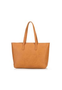 Bruine leren totebag met twee handvatten, rechthoekige vorm en een gladde textuur, weergegeven tegen een witte achtergrond.