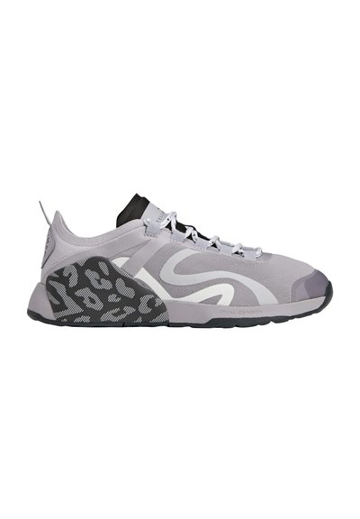 Light gray athletic shoe with black patterned sole, white accents, mesh upper, and lace closure. Features a low-profile design and rear pull tab.