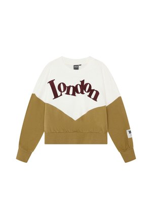 Langærmet sweatshirt med hvid øverste og sennepsfarvet nederste sektion, med stor vinrød "London" tekst på tværs af brystet.