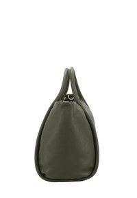 Green leather bag with a rounded shape, two top handles, and a smooth texture. Zipper closure at the top for secure access.