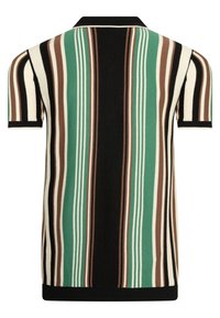 Pruhovaná polokošile s krátkým rukávem s vertikálními pruhy v zelené, hnědé, černé a krémové barvě. Hladký límeček a lem. Pletená textura.
