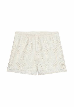 Shorts en dentelle de couleur crème clair avec des motifs hexagonaux et des détails en tissage ouvert. Dotés d'une taille élastique et d'un cordon de serrage pour un ajustement optimal.