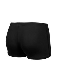Zwarte, strakke zwembroek met zichtbare stiksels, weergegeven tegen een witte achtergrond, met de achteraanzicht.