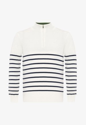 Pull-over blanc avec des rayures horizontales bleu marine, un col haut et une fermeture éclair quart. Le tissu semble doux et texturé.