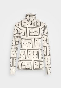 Maglione a maniche lunghe con colletto alto di colore crema con motivo geometrico nero. Tessuto morbido e elastico con silhouette aderente e colletto alto.