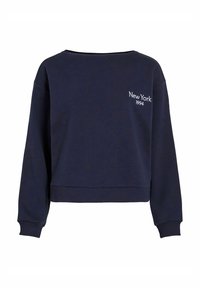 Tamsiai mėlynas trumpas megztinis, pagamintas iš medvilnės mišinio, su apvaliu kaklu ir baltais siuvinėtų tekstu 'New York 1994' kairėje petyje.