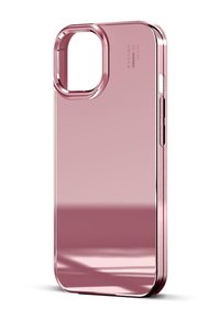 Transparent rosa telefondeksel med avrundede kanter, slank profil, metallisk aksenter og presise utskjæringer for knapper og kamera.