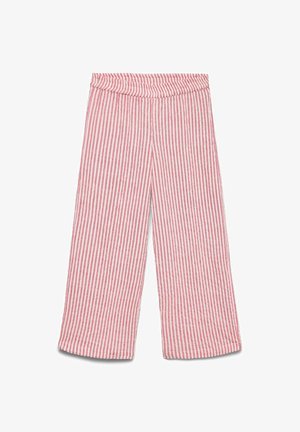 Pantalon à jambes larges en tissu léger, avec des rayures verticales rouges et blanches, une finition texturée et une taille élastique.