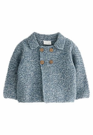 Cardigan bébé tricoté bleu et blanc avec une double rangée de quatre boutons marron et un petit col, étiqueté "NEXT baby".