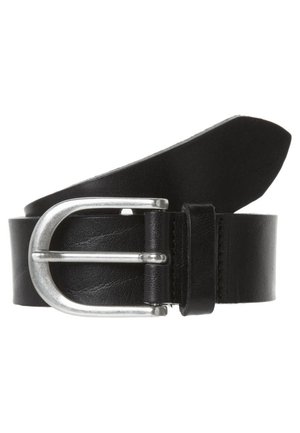 Ceinture en cuir noir avec une boucle en métal argenté. Présente une texture lisse et un design classique, avec une boucle pour le strap excédentaire.