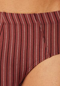 Tessuto a strisce marroni con linee verticali rosse, nere e bianche. Presenta un design affusolato con cuciture ordinate lungo i bordi.