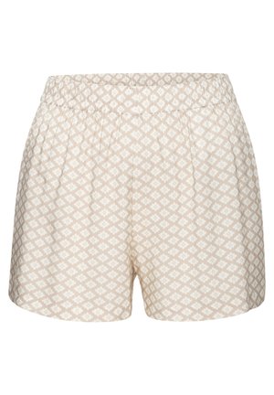 Beżowe szorty z wysokim stanem na elastycznej gumce, zdobione białym geometrycznym kwiatowym wzorem i o luźnym kroju.