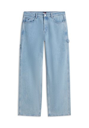 Light blue straight-leg denim jeans with front and back pockets, belt loops, and a side hammer loop detail.