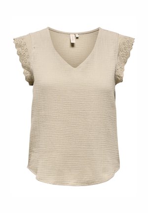 V-neck beige top made of textured fabric, featuring scalloped lace sleeves and a rounded hem.