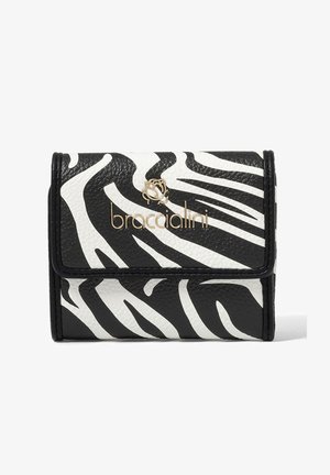Black and white zebra-striped small wallet with gold "braccialini" logo and flower emblem on front flap.