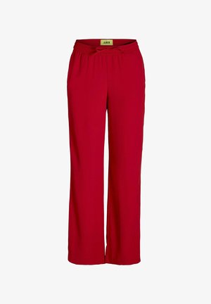 Røde, vide bukser med elastisk talje og snøre. Lavet af letvægtigt stof med en glat overflade og uden synlige mønstre.