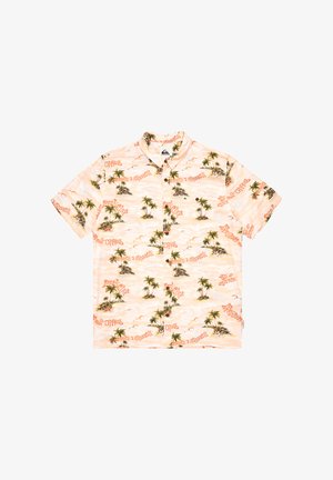 Kortærmet skjorte med knapper lavet af let stof, prydet med en lyserød baggrund med tropiske palmer og ø-illustrationer i grøn og brun.