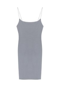 Robe grise sans manches avec fines bretelles, coupe ajustée et texture lisse. L'ourlet arrive au-dessus du genou ; sans motifs ni accents visibles.