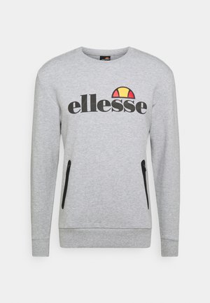 Grauer Kapuzenpullover mit schwarzem Logo "ellesse." Verfügt über zwei schwarze Reißverschlusstaschen, runden Halsausschnitt, gerippte Bündchen und einen bequemen Schnitt.
