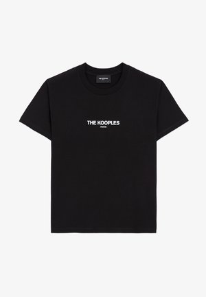 Sort bomulds T-shirt med korte ærmer og rund hals. Features hvid tekst: "THE KOOPLES PARIS" på fronten, ingen yderligere designs.