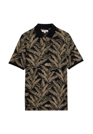 Kurzärmeliges Poloshirt aus schwarzem Stoff mit beigem Blattmuster, ausgestattet mit einem schwarzen Kragen und einem entspannten Schnitt.
