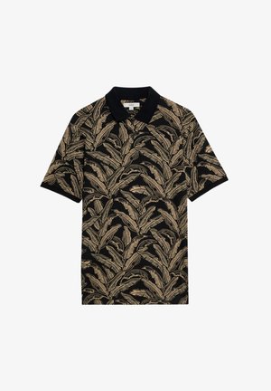 Korte mouwen polo shirt in zwarte stof met een beige bladpatroon, voorzien van een zwarte kraag en een ontspannen pasvorm.