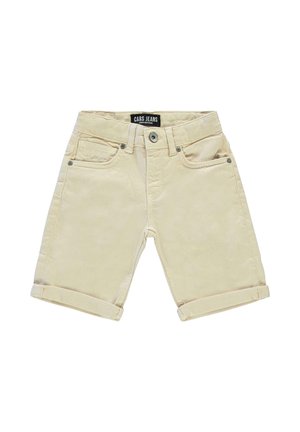 Beige shorts met een omgerolde zoom, gemaakt van zachte stof. Voorzien van steekzakken, een knoopsluiting en een merklabel op de tailleband.