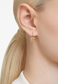 Guldtonede øreringe med en rund, klar krystal i midten og en lille accent ovenfor, holdt af en tynd ring. Designet til gennemhullede ører.